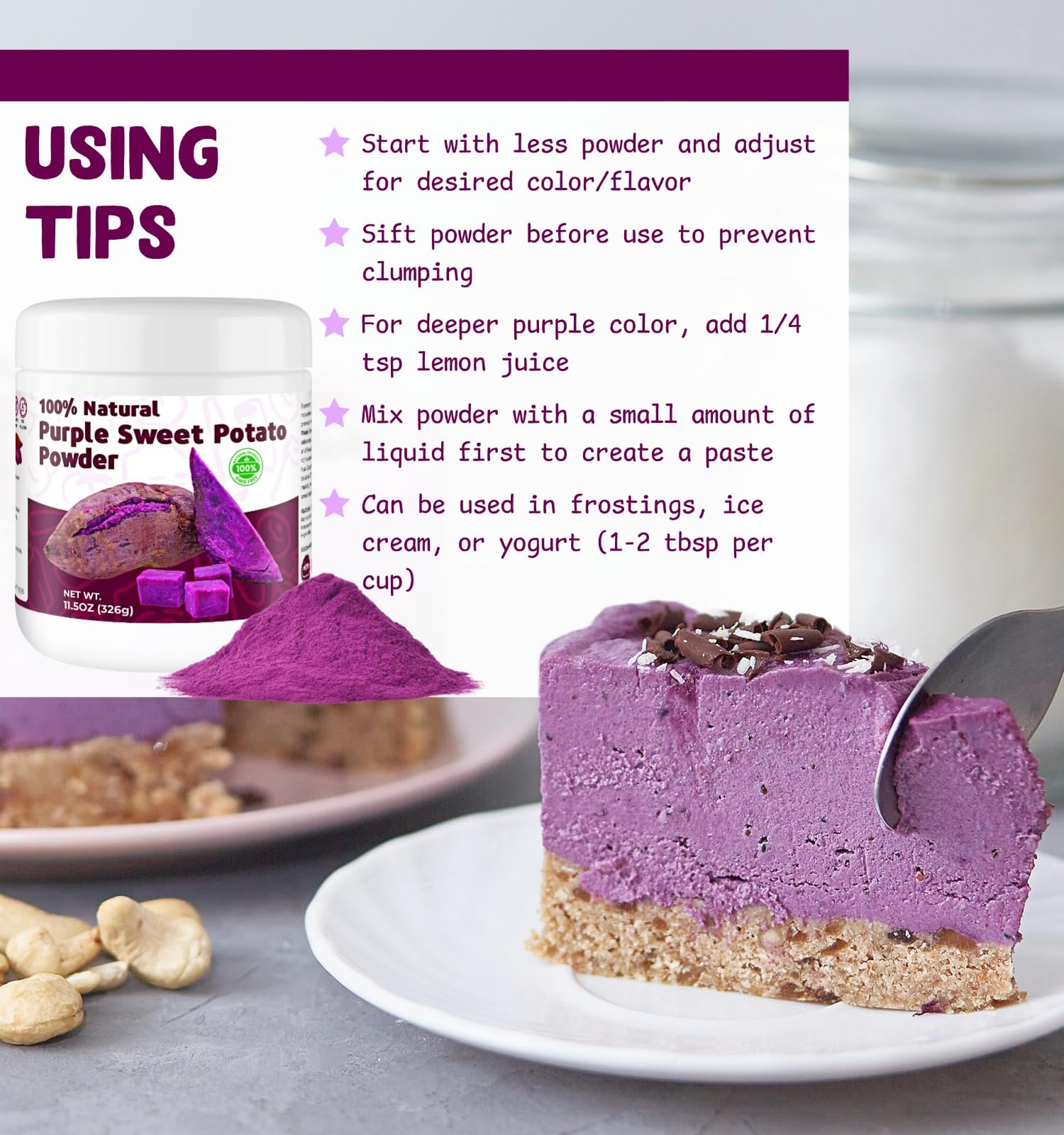 Dessert plate with vibrant violet tint achieved by SIHASO powder.