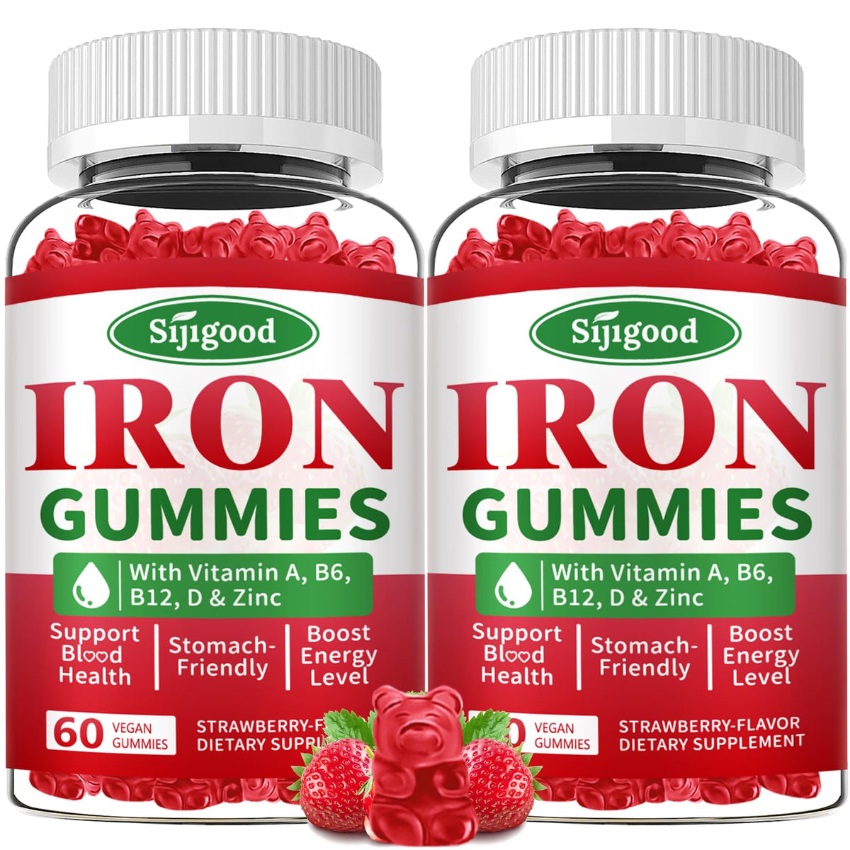Sijigood iron gummies bottle, vegan formula for daily support.