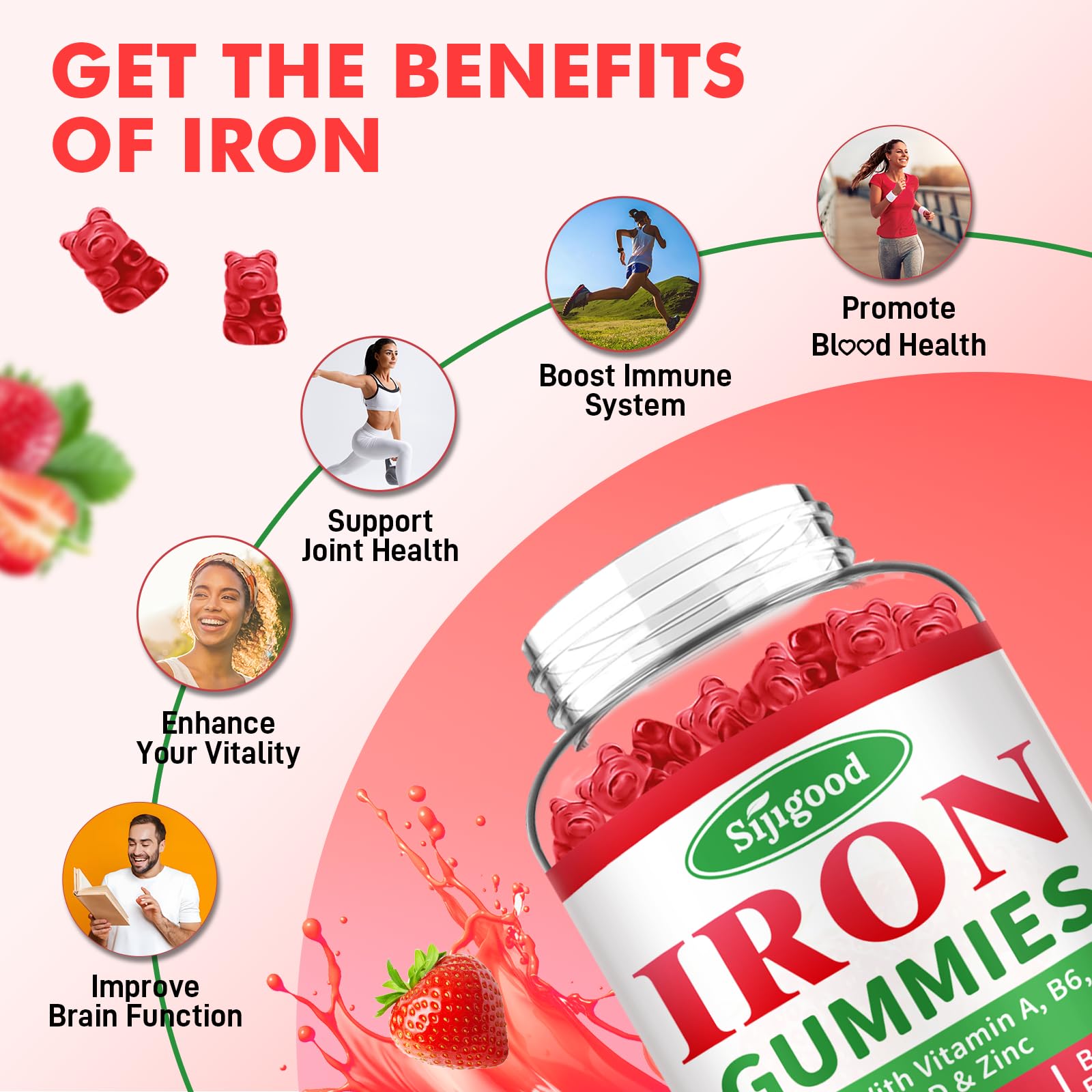 Sijigood strawberry-flavored iron gummies close-up for tasty intake.