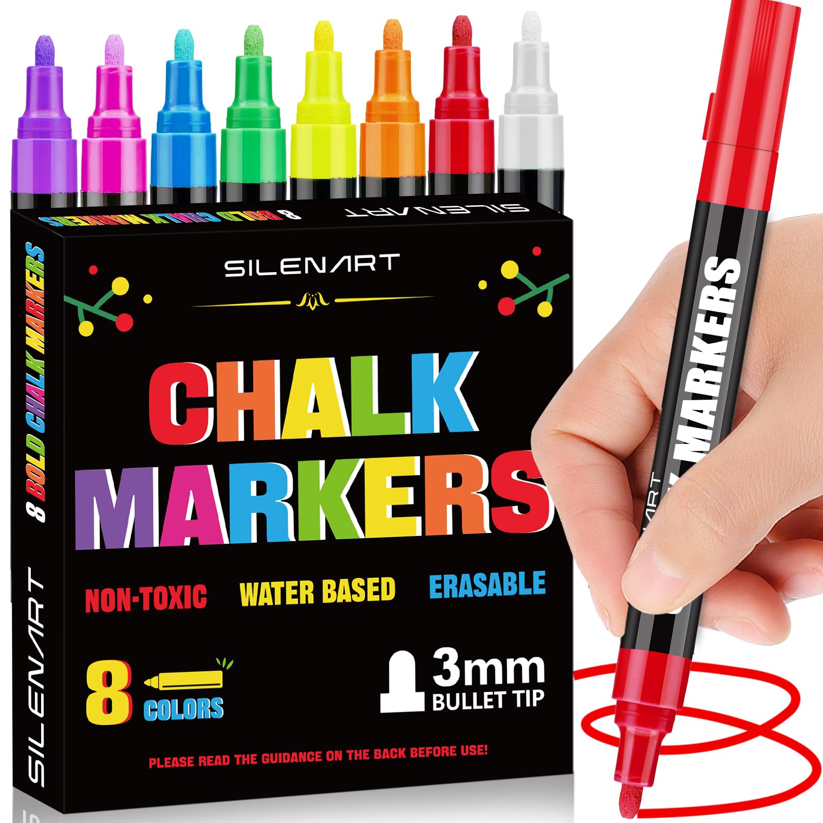 SILENART Liquid Chalk Markers on chalkboard with eight vibrant colors for bold writing.
