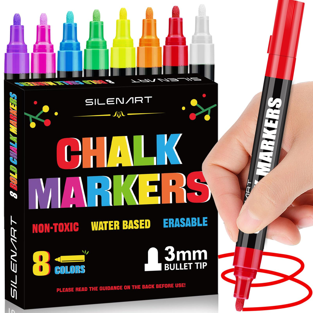 SILENART Liquid Chalk Markers on chalkboard with eight vibrant colors for bold writing.