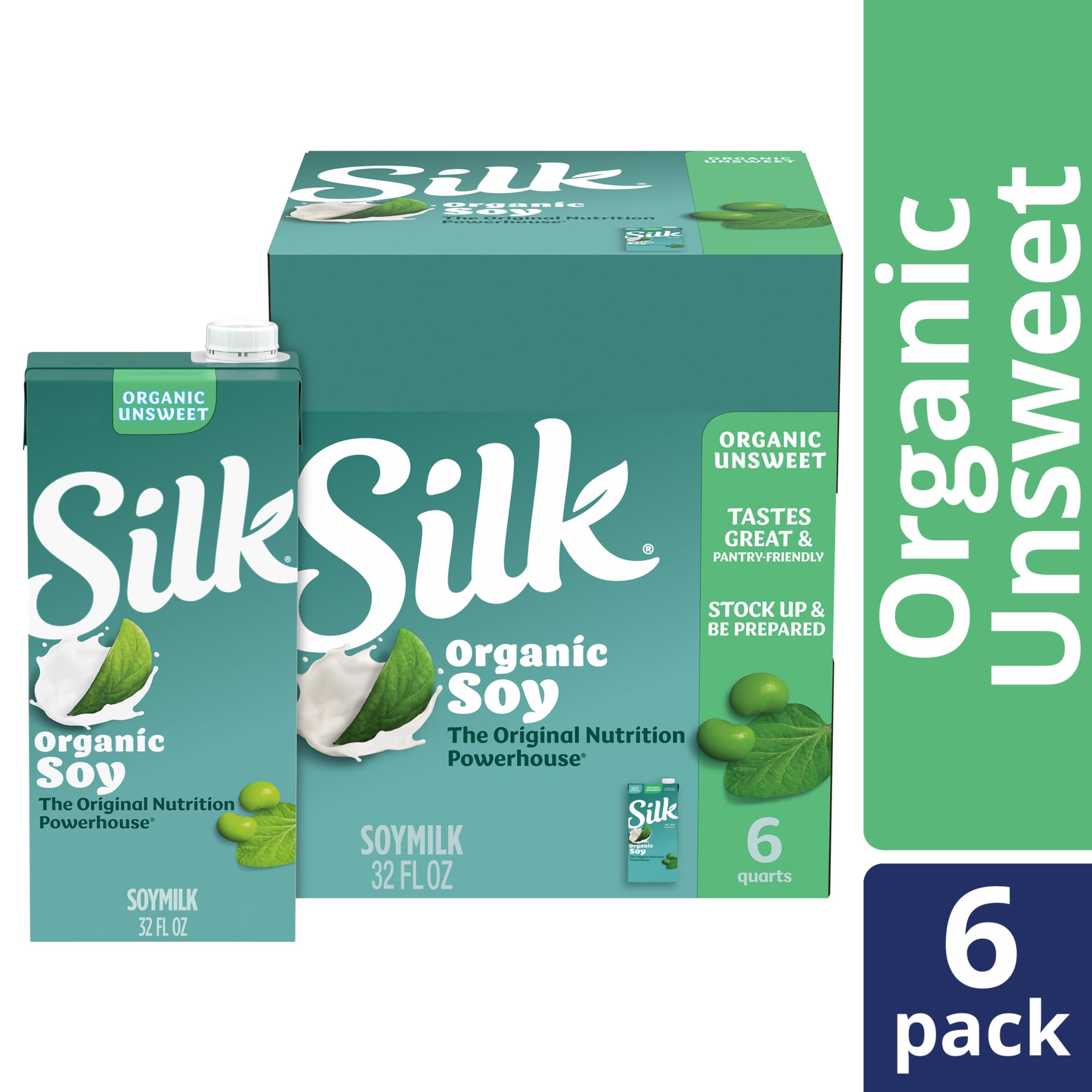 Silk organic unsweetened soy milk in 32 oz carton, pack of six