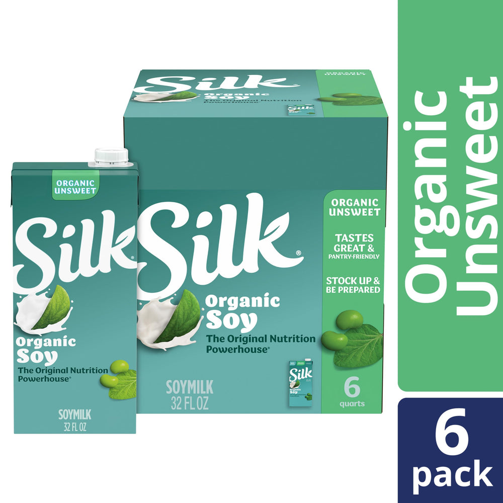 Silk organic unsweetened soy milk in 32 oz carton, pack of six
