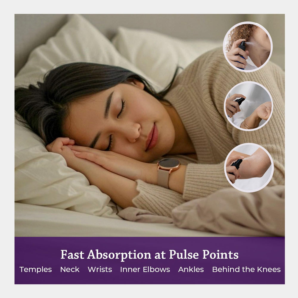 Mist on temples with Silk Road Organic Lavender Spray to invite relaxation