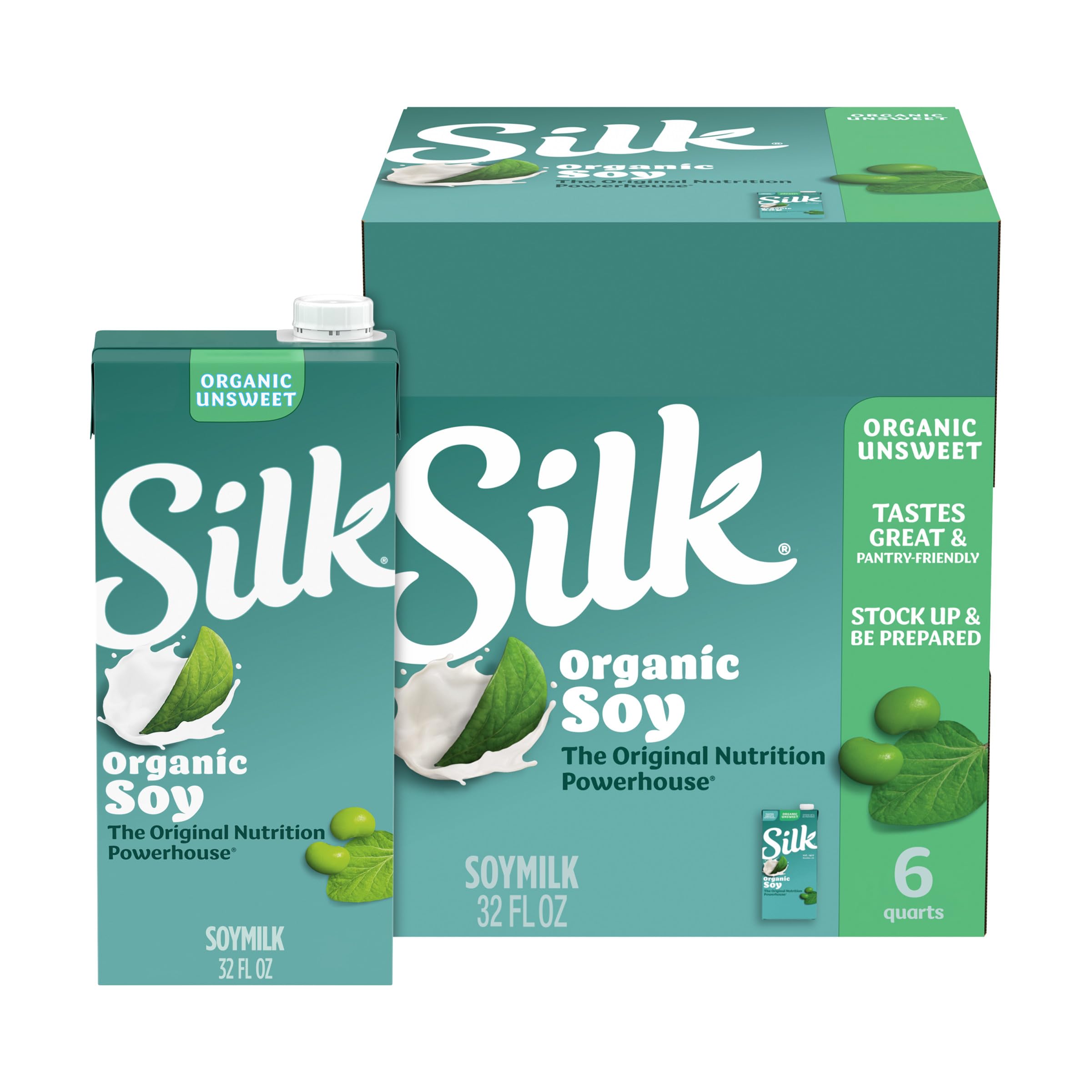Silk shelf-stable organic soy milk unsweetened six-pack ready for pantry storage