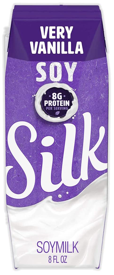 Silk shelf-stable vanilla soymilk packaging offers a dairy-free pantry staple.