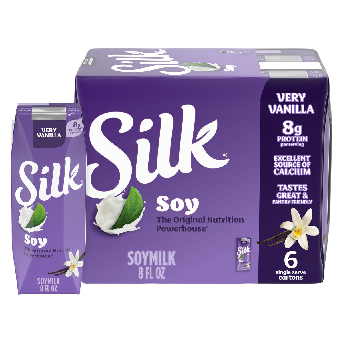 Silk soy milk singles very vanilla carton front showing dairy-free, vegan beverage option.