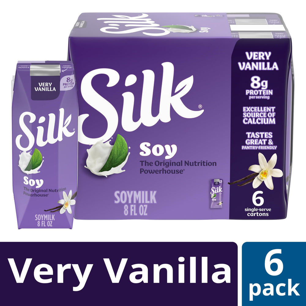 Silk soy milk singles very vanilla with cereal bowl for a dairy-free breakfast.