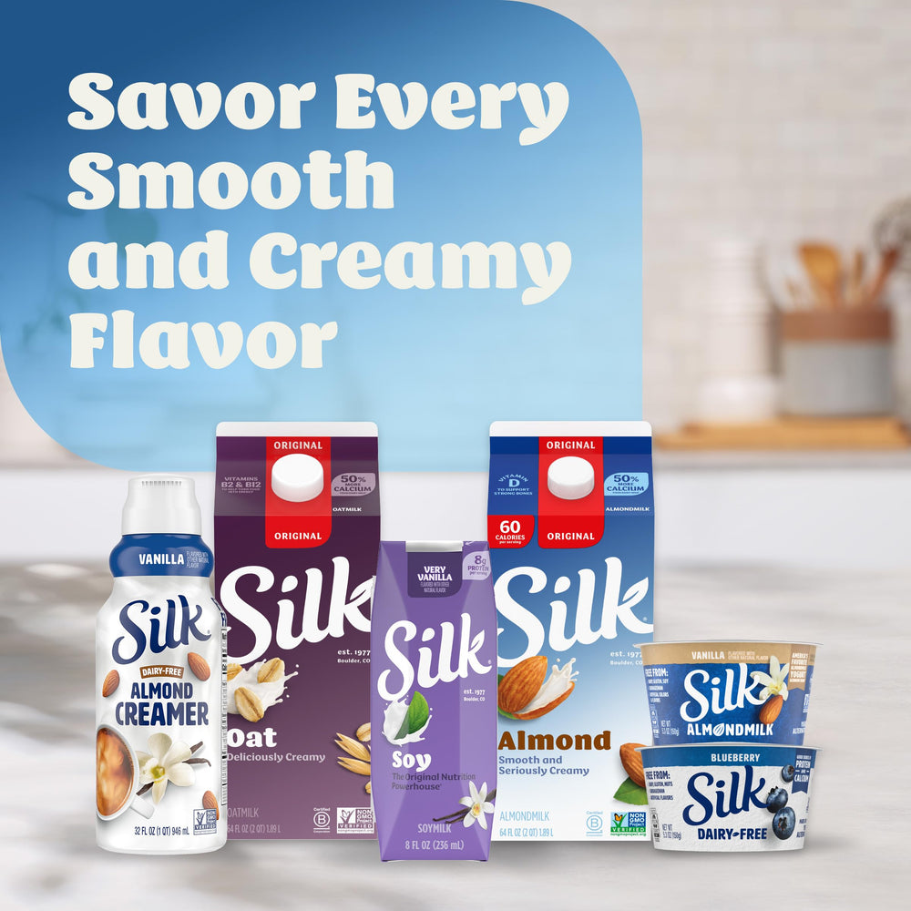 Silk soy milk singles very vanilla carton beside oats for quick breakfast.
