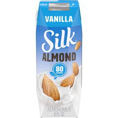 Silk Vanilla Almondmilk shelf-stable pack 18, convenient pantry staple.