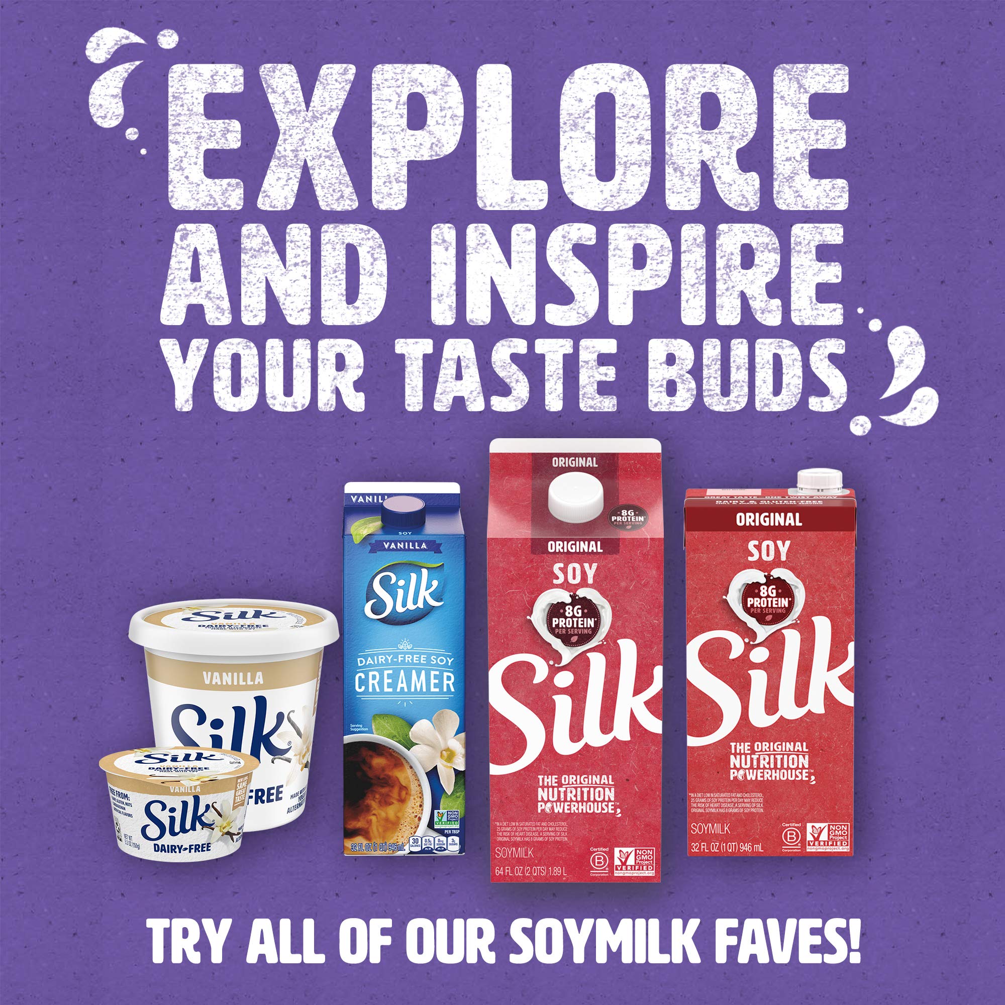 Silk vanilla soymilk on a grocery display suggests a dairy-free choice.