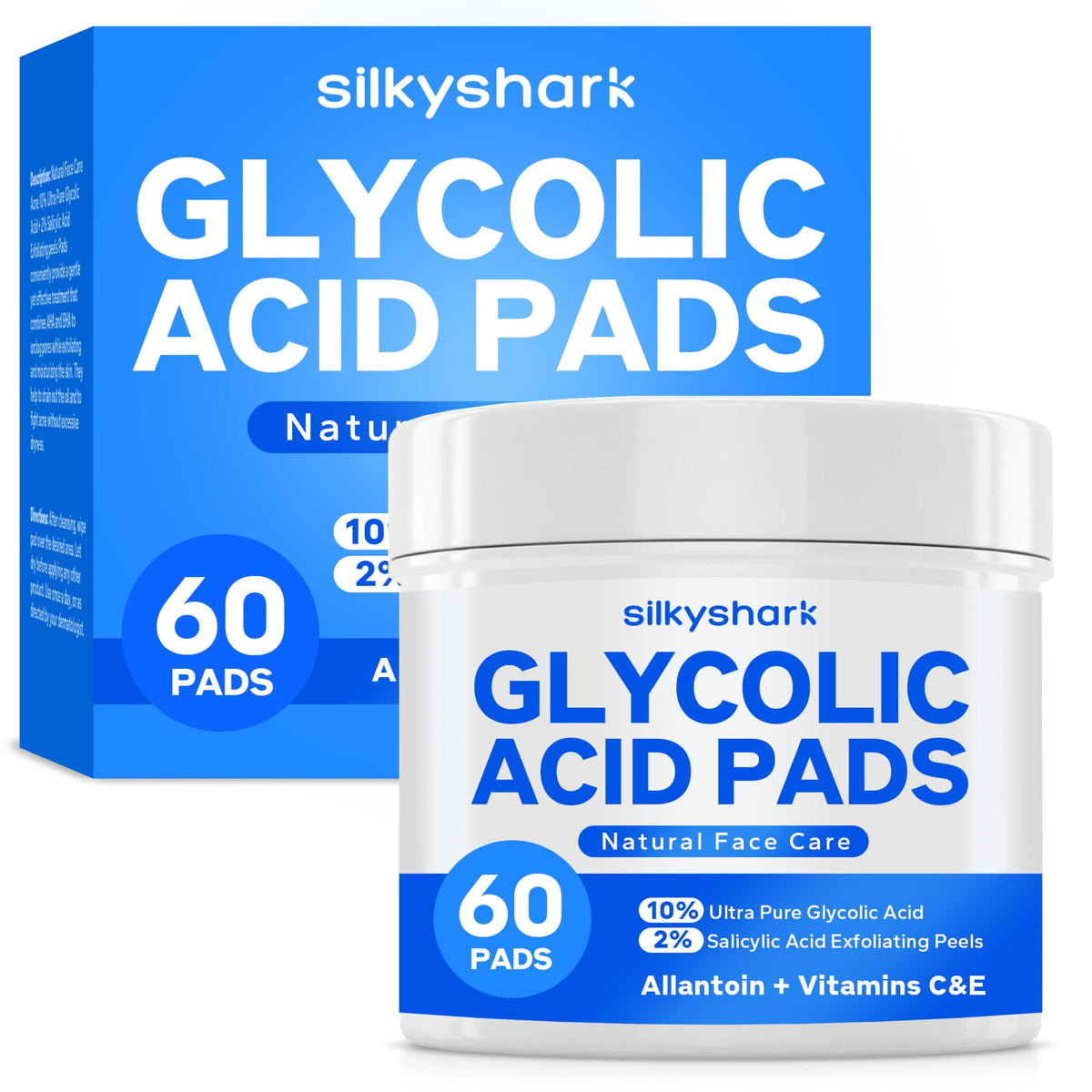 SilkyShark Glycolic Pads jar close-up for radiant skin renewal