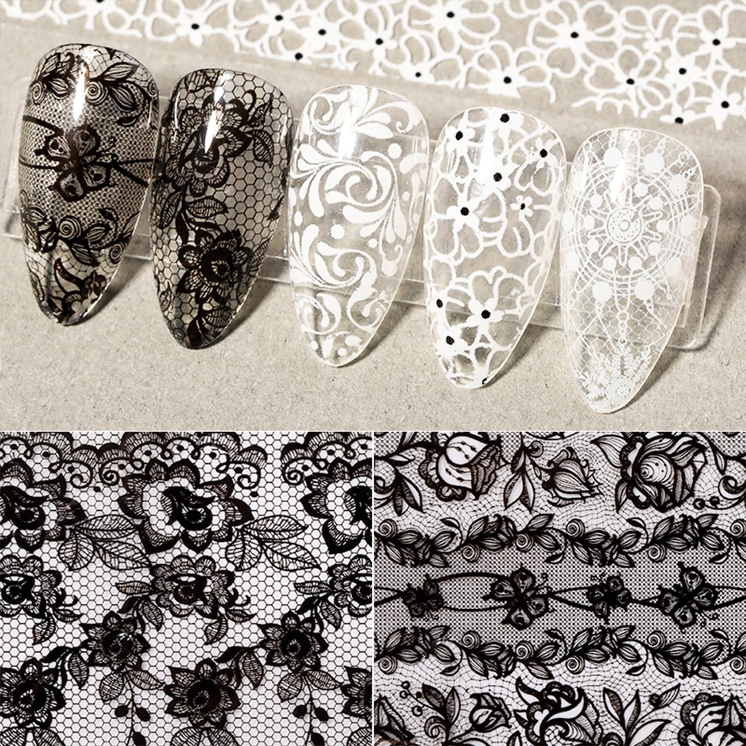 SILPECWEE lace foil applied over nail glue for fast design.