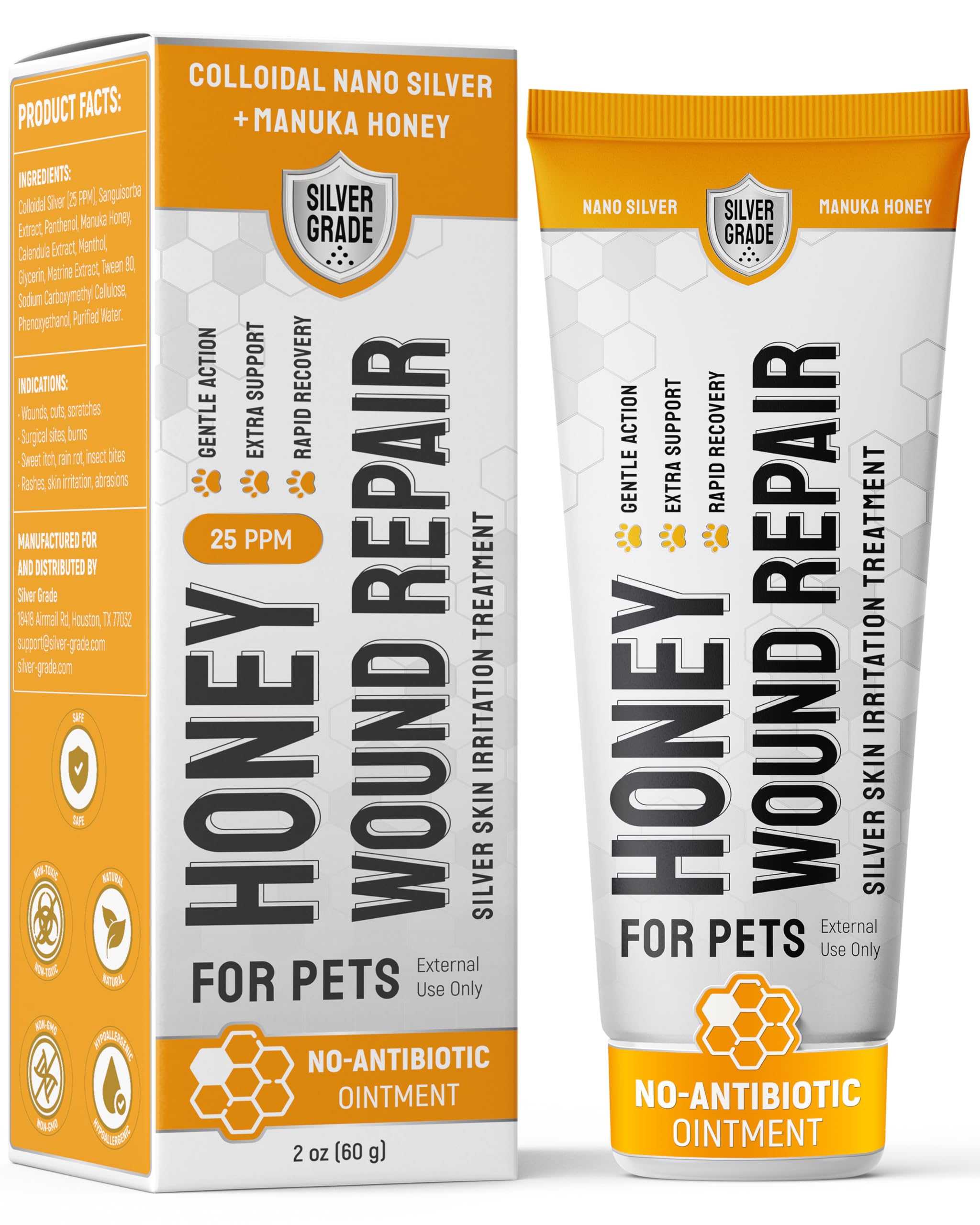 Silver Grade dog wound care gel tube shown for quick skin relief on pets.