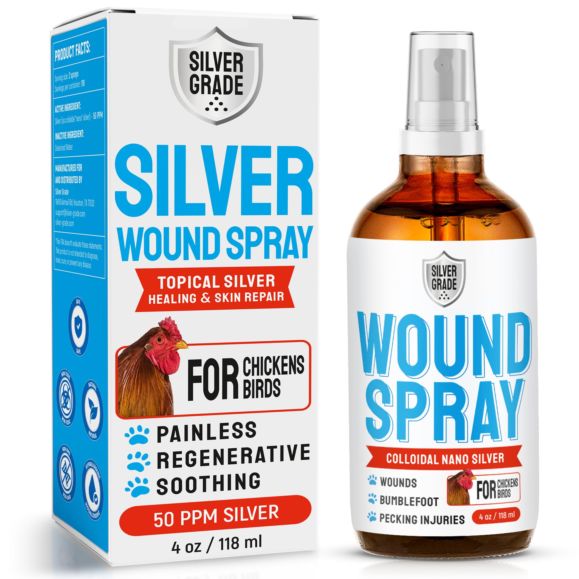 SILVER GRADE spray-poulets-usage : soin sans antibiotiques pour plaies mineures.