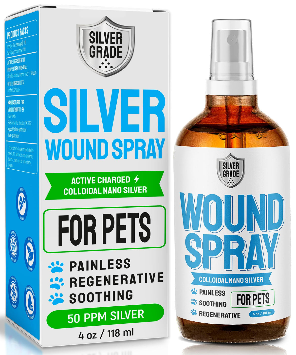 SILVER GRADE wound spray bottle 4oz for quick topical care on pets' skin.
