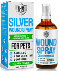 SILVER GRADE wound spray bottle 4oz for quick topical care on pets' skin.