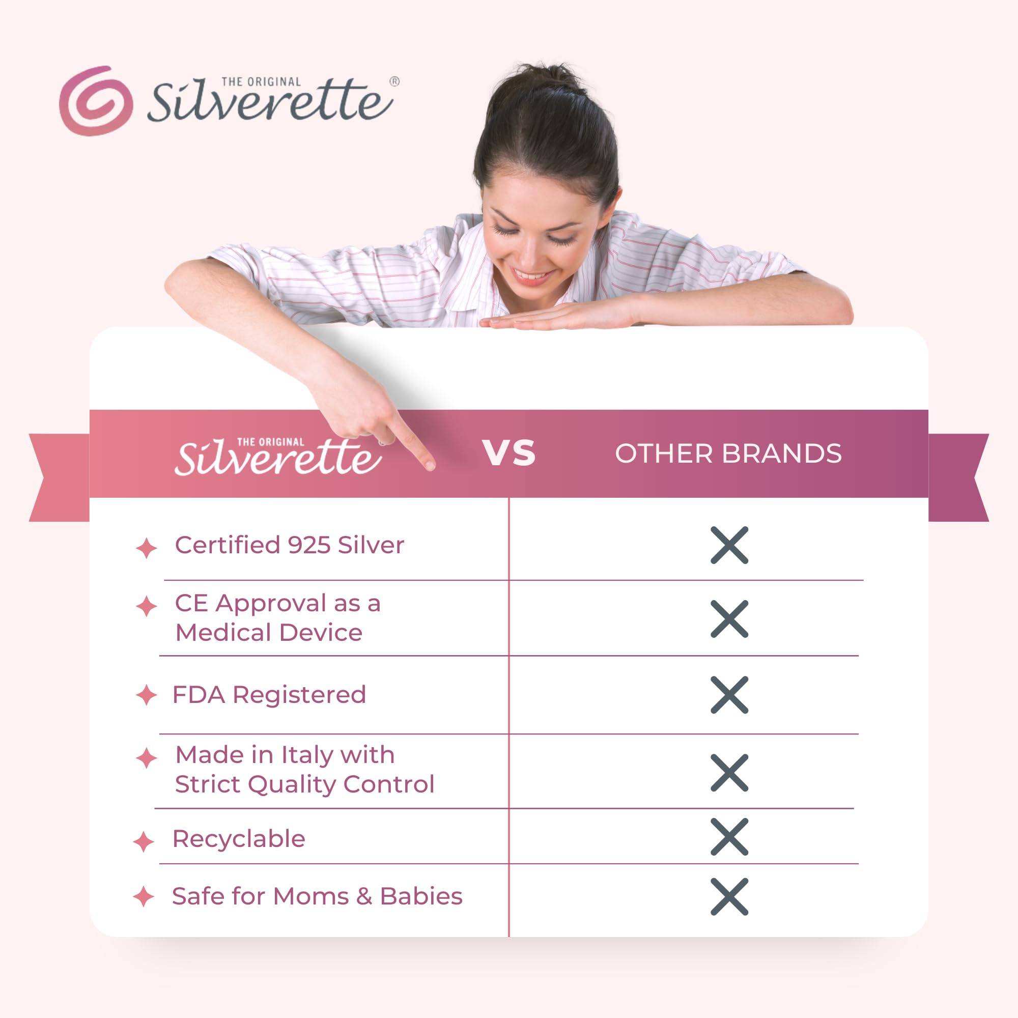 Handcrafted in Italy; Silverette nursing cups exude artisanal quality and soft fit