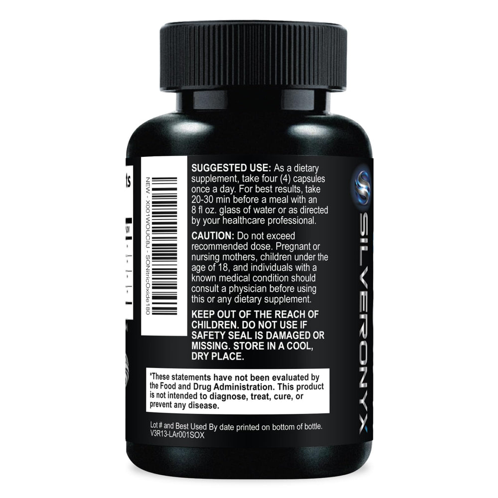 SilverOnyx bottle with two capsules ready for pre-workout use