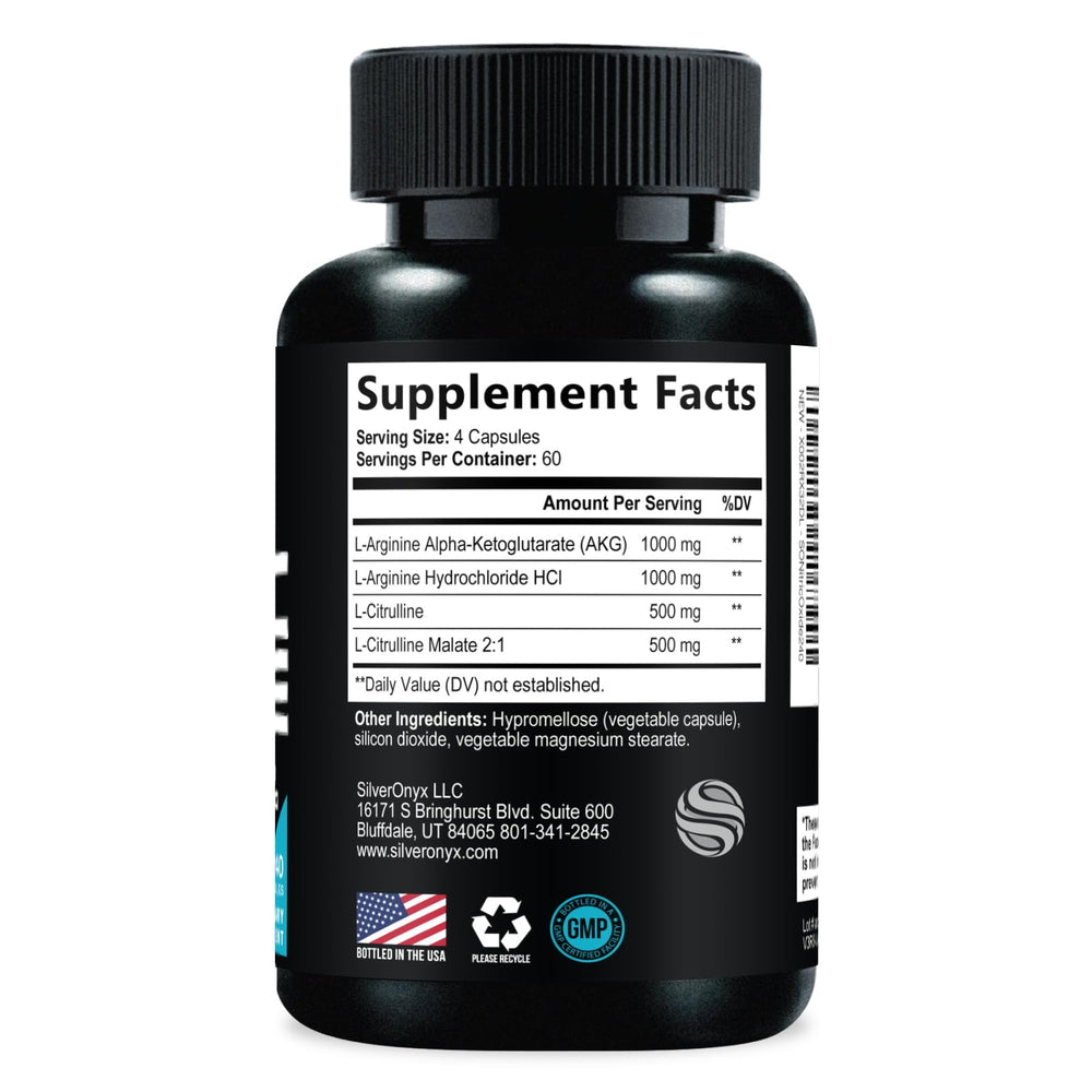 SilverOnyx Nitric Oxide capsules imply post-workout pumps and recovery.