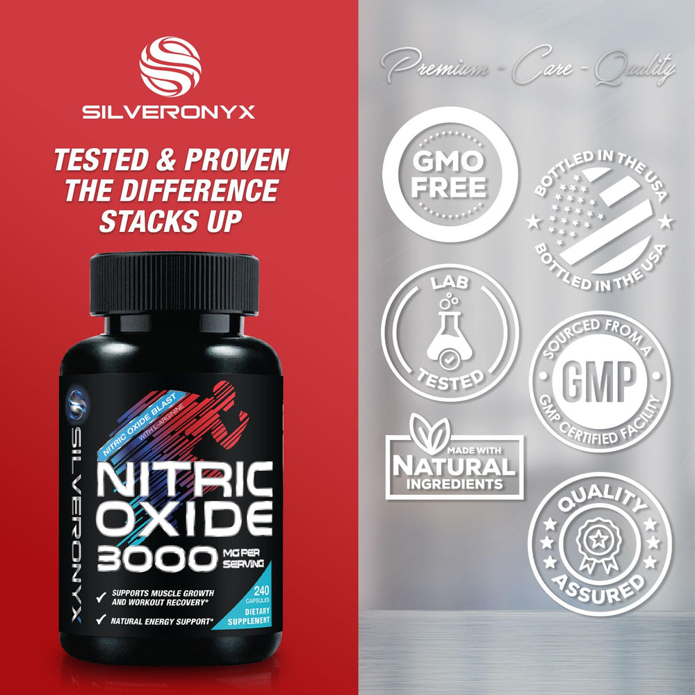 SilverOnyx Nitric Oxide scoop shows convenient serving for pre-workout boost.