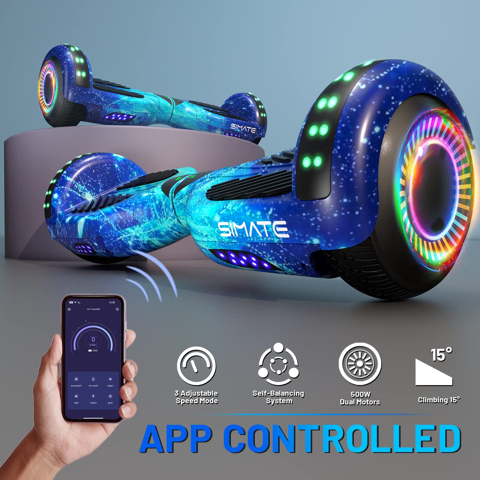 SIMATE Hoverboard aluminum frame provides a strong, lightweight build.