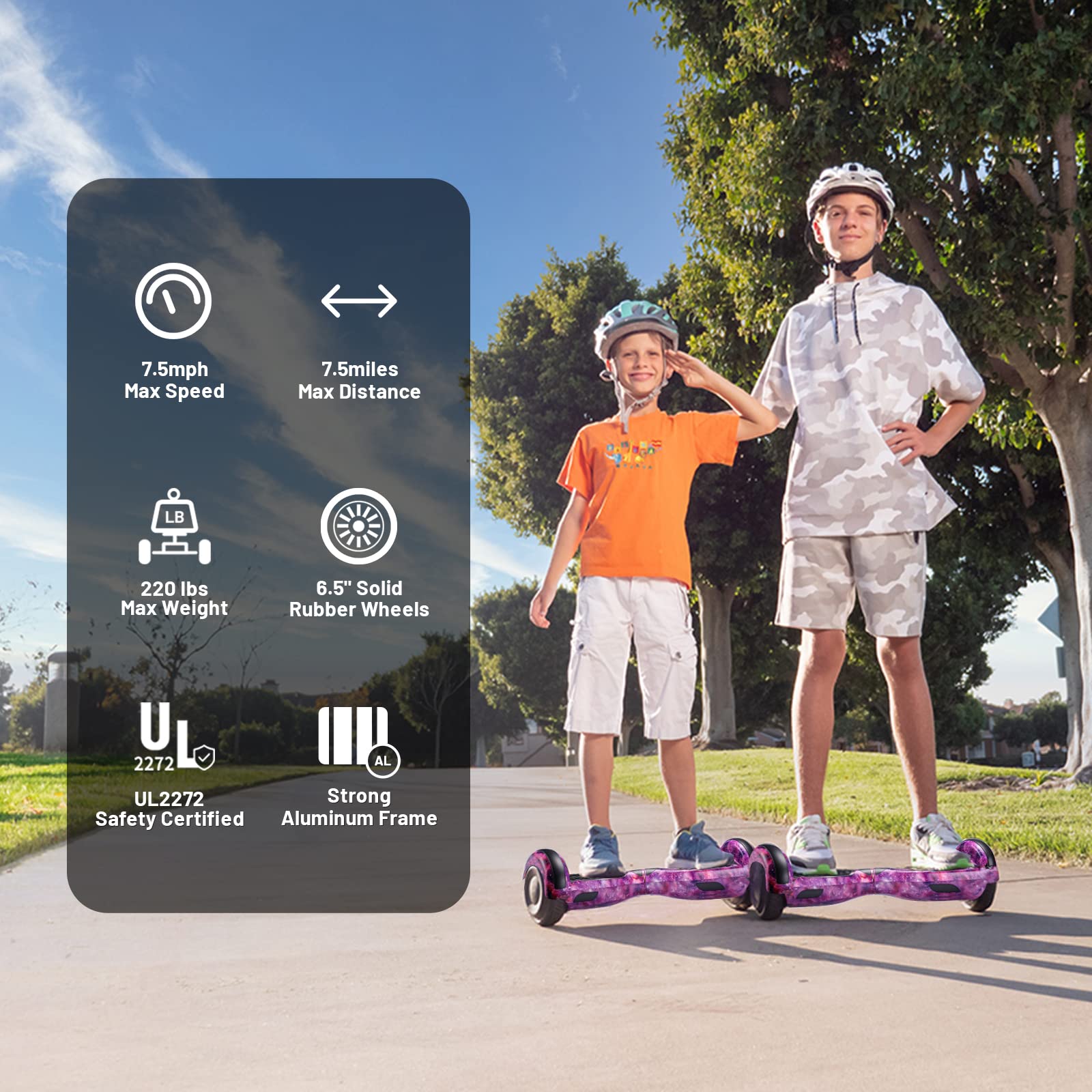 SIMATE hoverboard dual 250W motors for smooth acceleration and mild hills