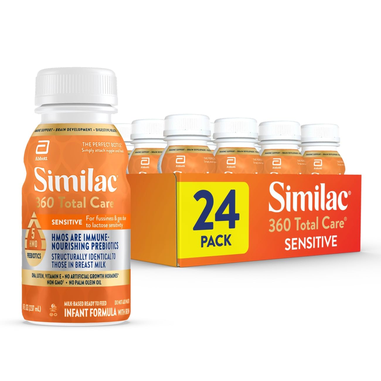 Similac 360 Total Care Sensitive bottle front illustrating gentle formula for fussiness and gas