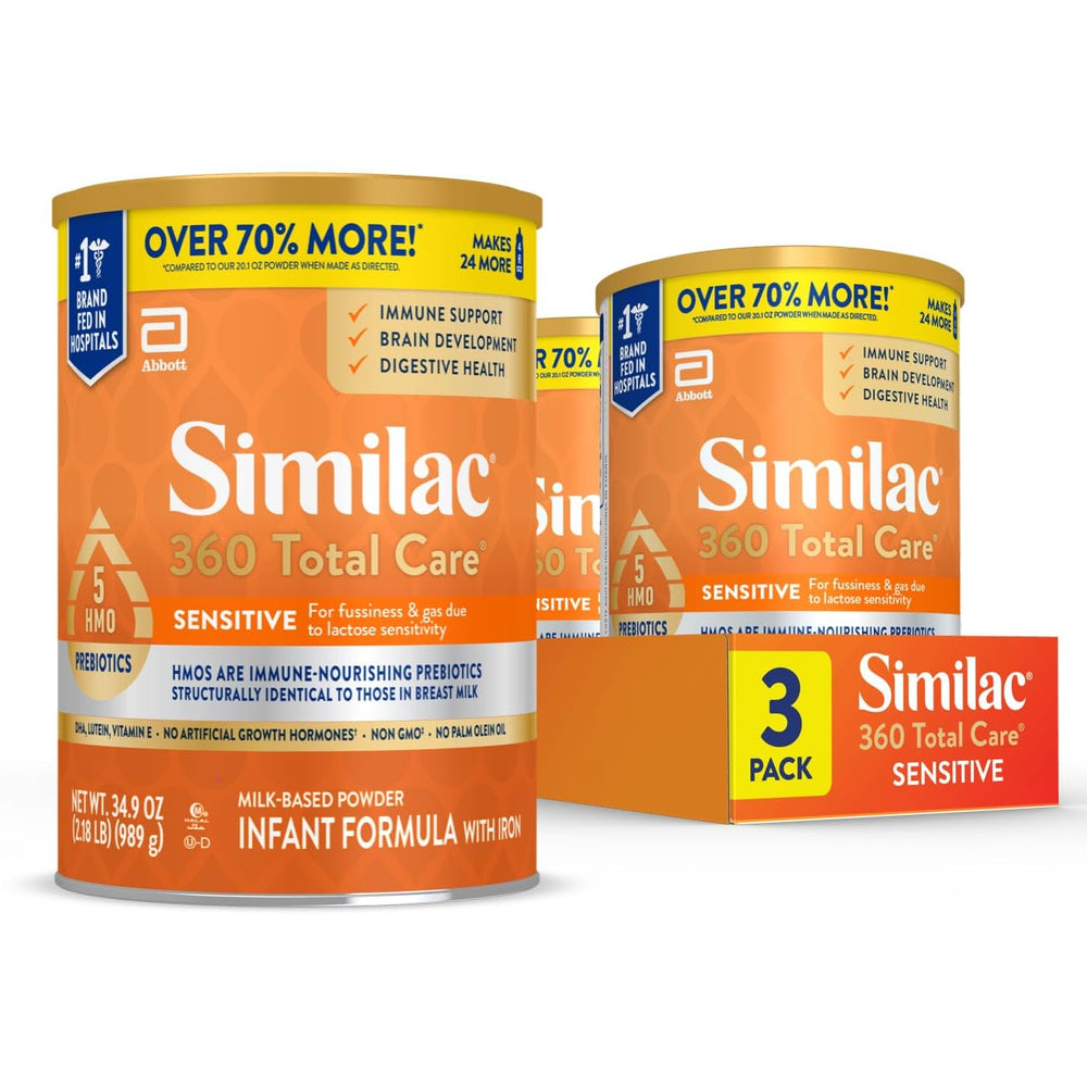 Similac 360 Total Care Sensitive can packaging highlights gentle nutrition for sensitive tummies.