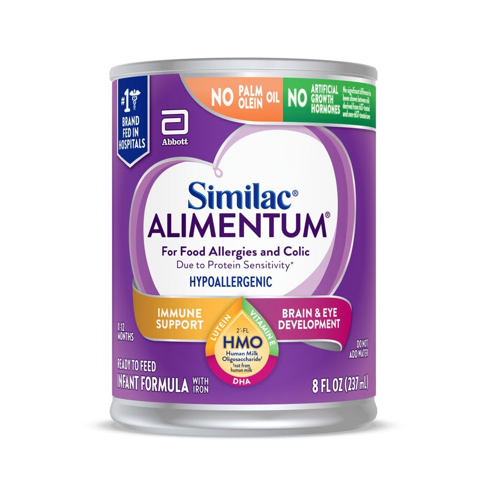 Similac Alimentum 2'-FL HMO bottle highlights hypoallergenic formula for babies with protein sensitivity.