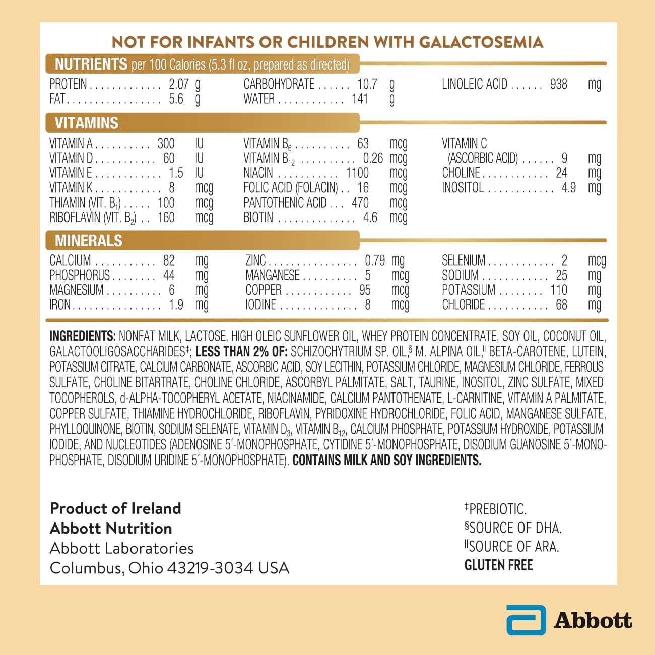 Similac Pure Bliss Irish Farms label close-up highlighting high-quality ingredients