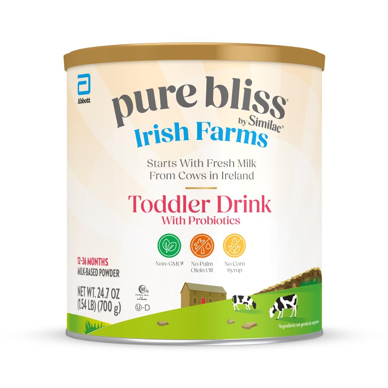 Similac Pure Bliss Irish Farms toddler drink can front view, DHA for brain and eye development.
