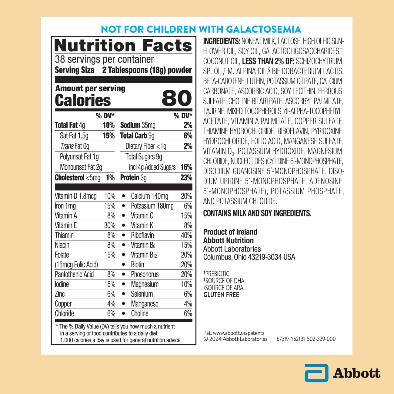 Similac Pure Bliss Irish Farms can nutrition panel highlights non-GMO formula.
