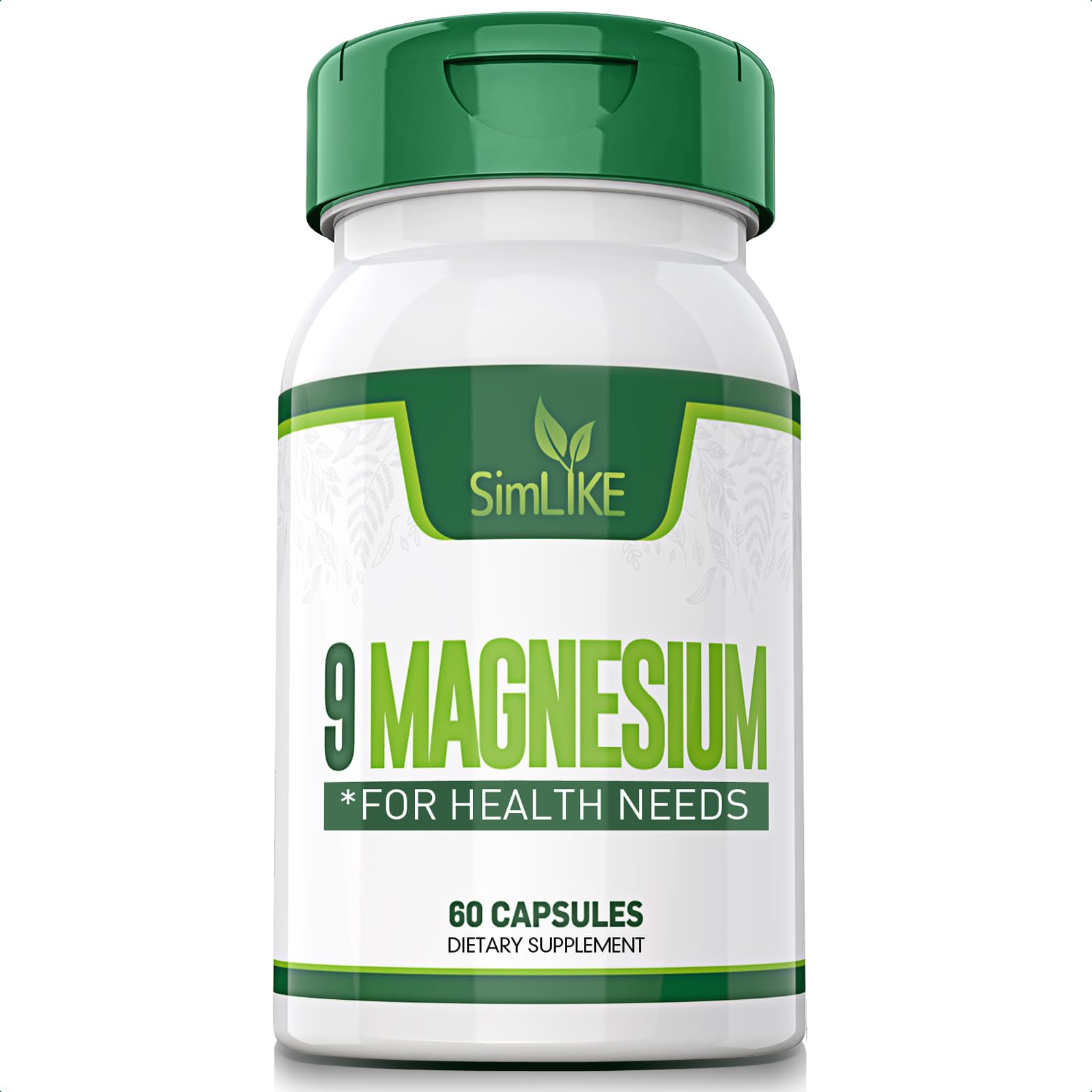Simlike Magnesium nine-forms bottle closeup highlighting broad absorption potential.