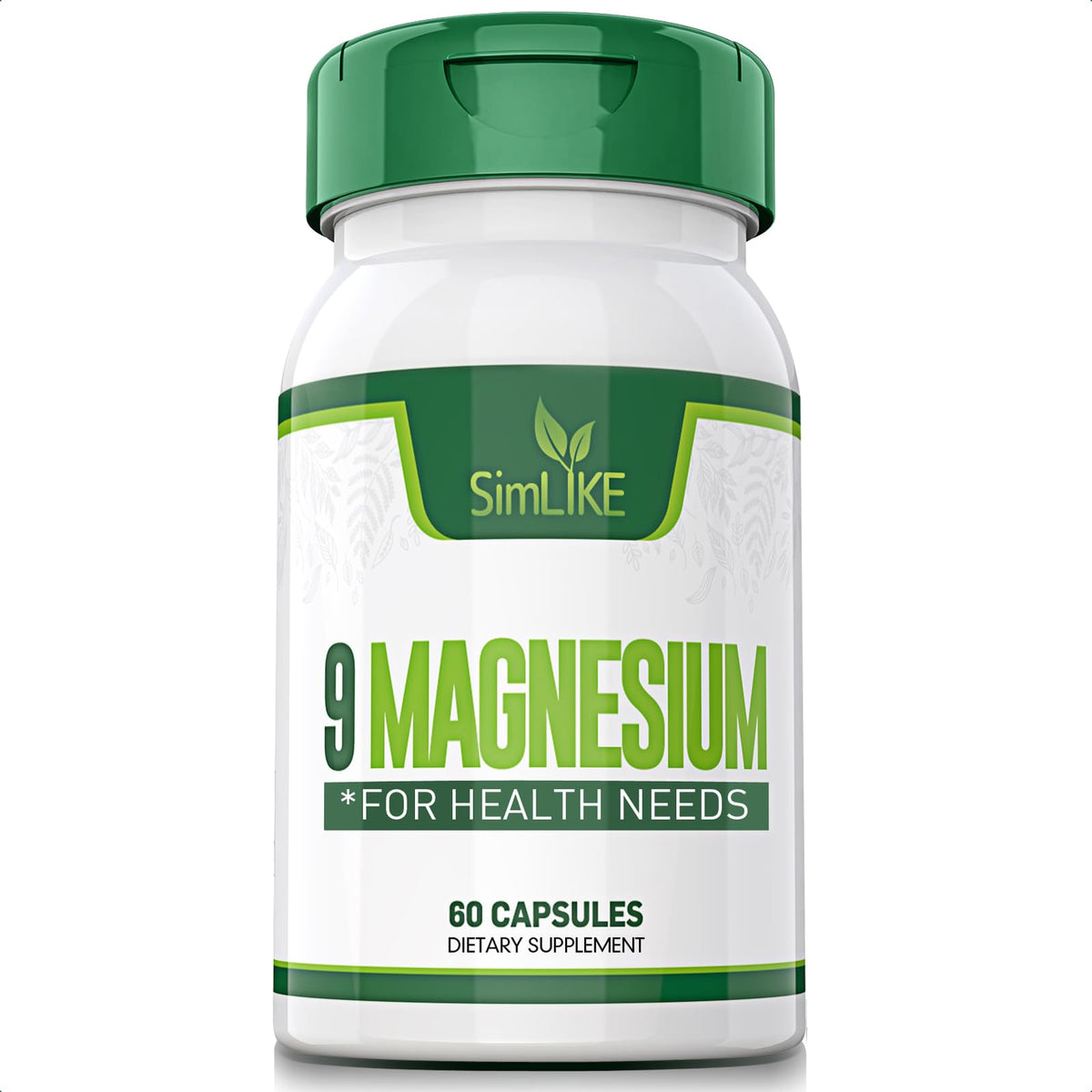Simlike Magnesium nine-forms bottle closeup highlighting broad absorption potential.