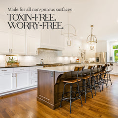 Living room floor scene shows hardwood and tile refreshed by Santorini Silk.