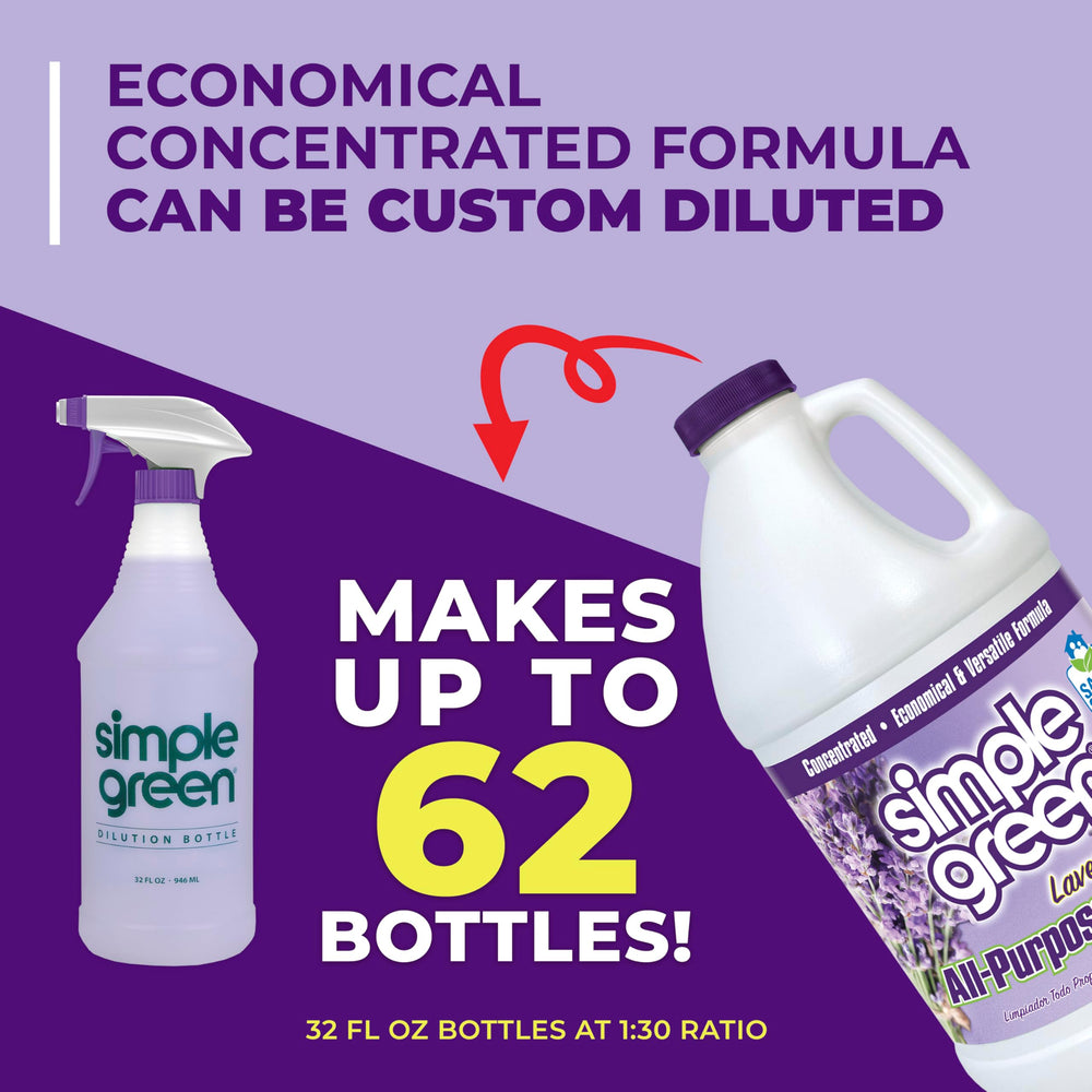 Simple Green lavender concentrate with measuring cup illustrates dilution steps