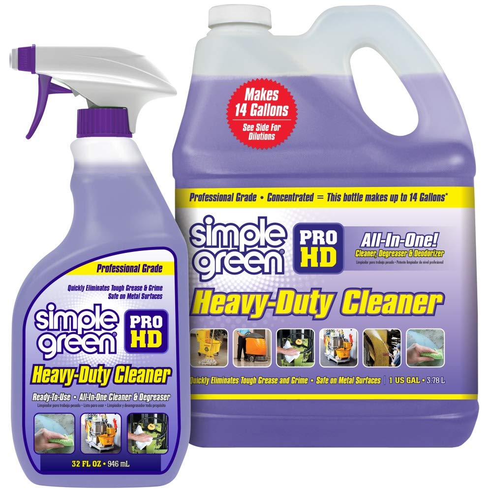 Simple Green Pro HD Purple spray bottle cleans heavy grease from metal surfaces.