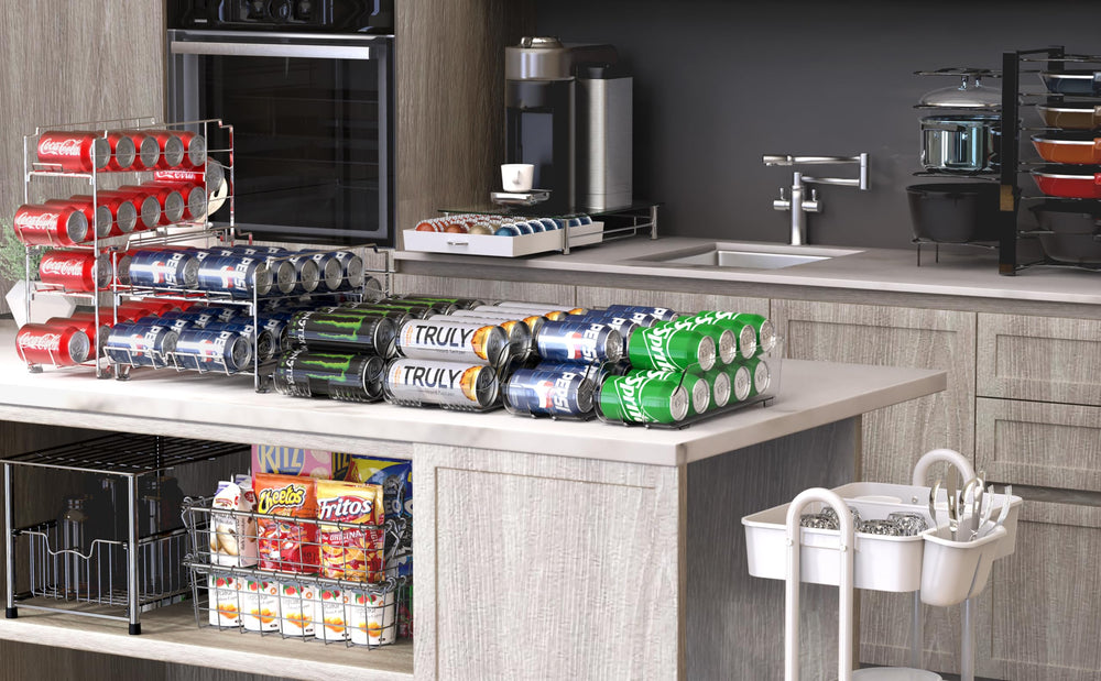 Simple Houseware 4-pack can organizer fits standard shelves for versatile storage.