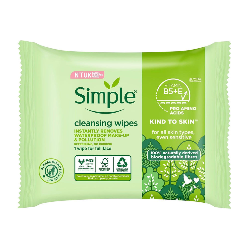 Simple Kind To Skin 25 cleansing wipes face removal, quick makeup removal.