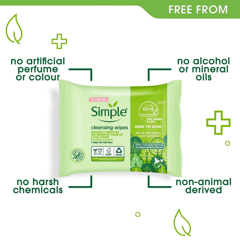 Simple Kind To Skin 25 cleansing wipes fragrance-free, suitable for sensitive skin.