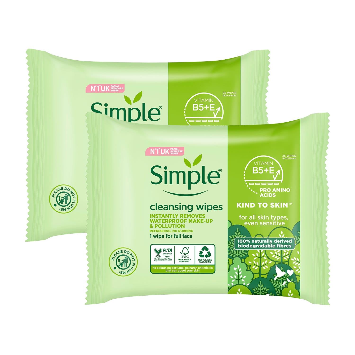 Simple Kind To Skin 25 cleansing wipes pack closeup, gentle formula for daily makeup removal.