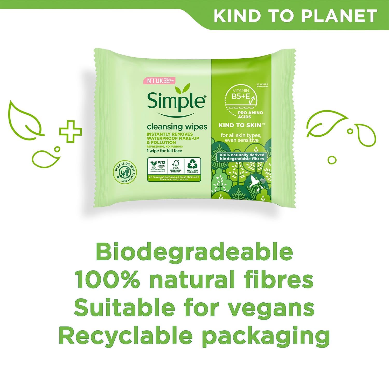 Simple Kind To Skin 25 cleansing wipes packaging recycled, eco-friendly choice.