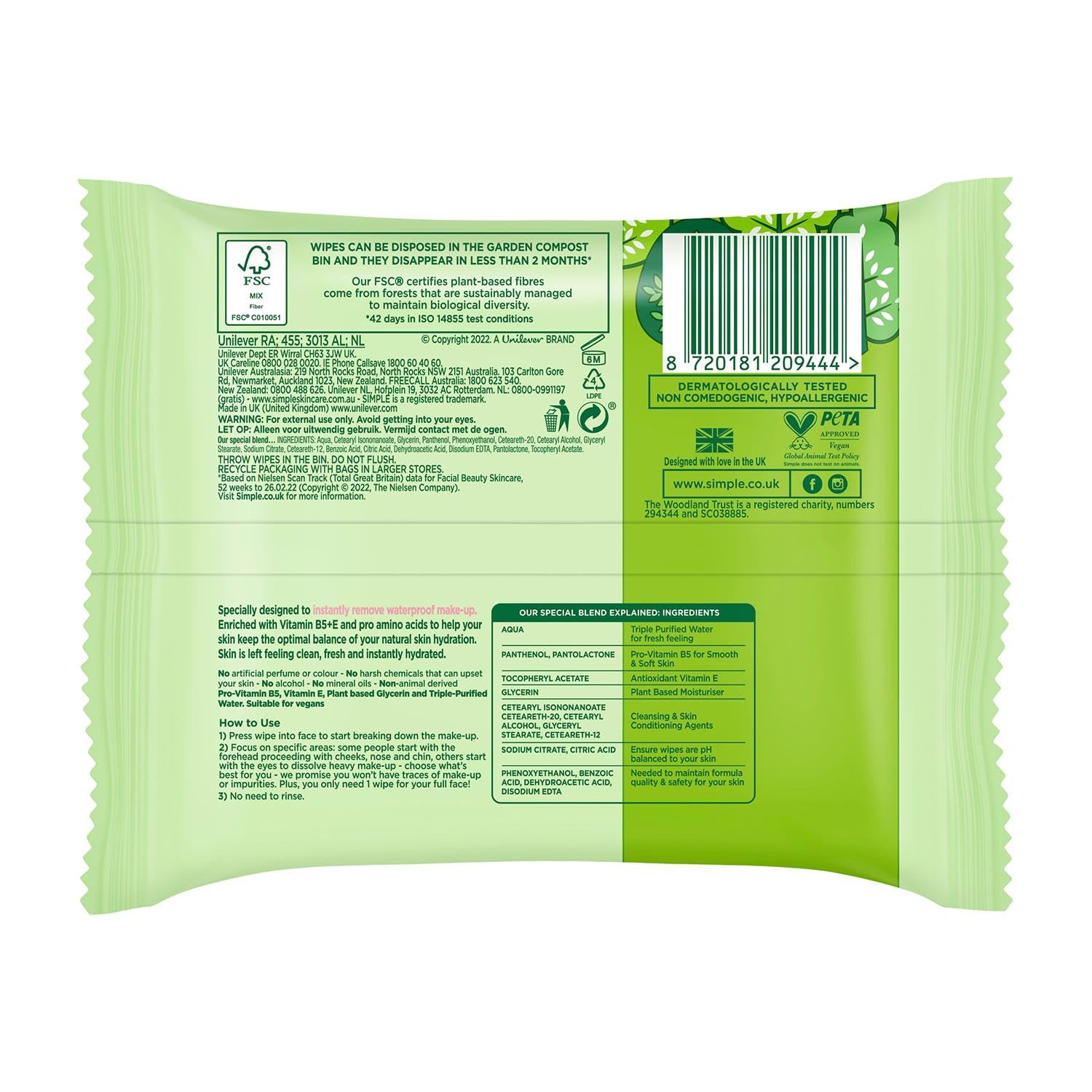 Simple Kind To Skin 25 wipes tube dispense, convenient on-the-go cleansing.