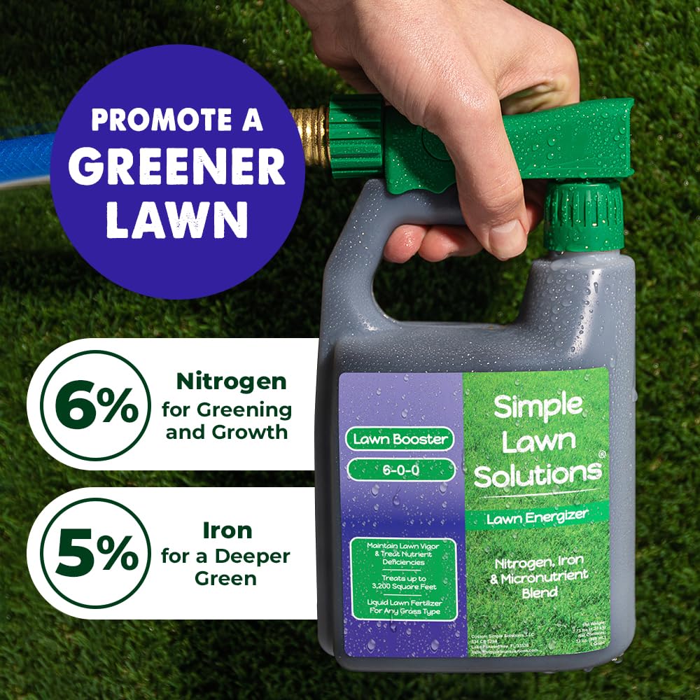 Lawn Energizer sprayer attached applying evenly across turf.