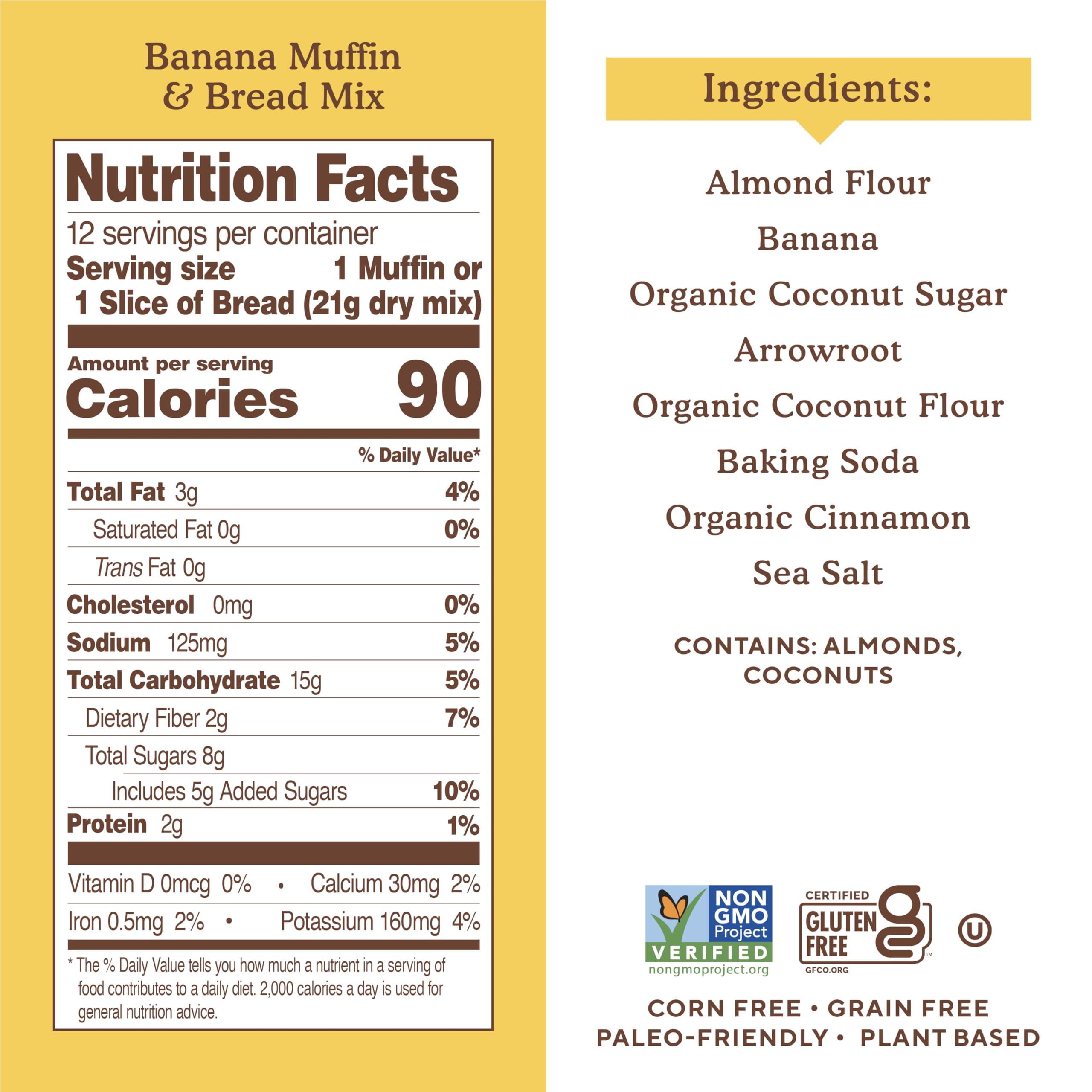 Simple Mills banana bread mix ingredients highlight gluten-free, non-GMO, grain-free promises for healthy baking.