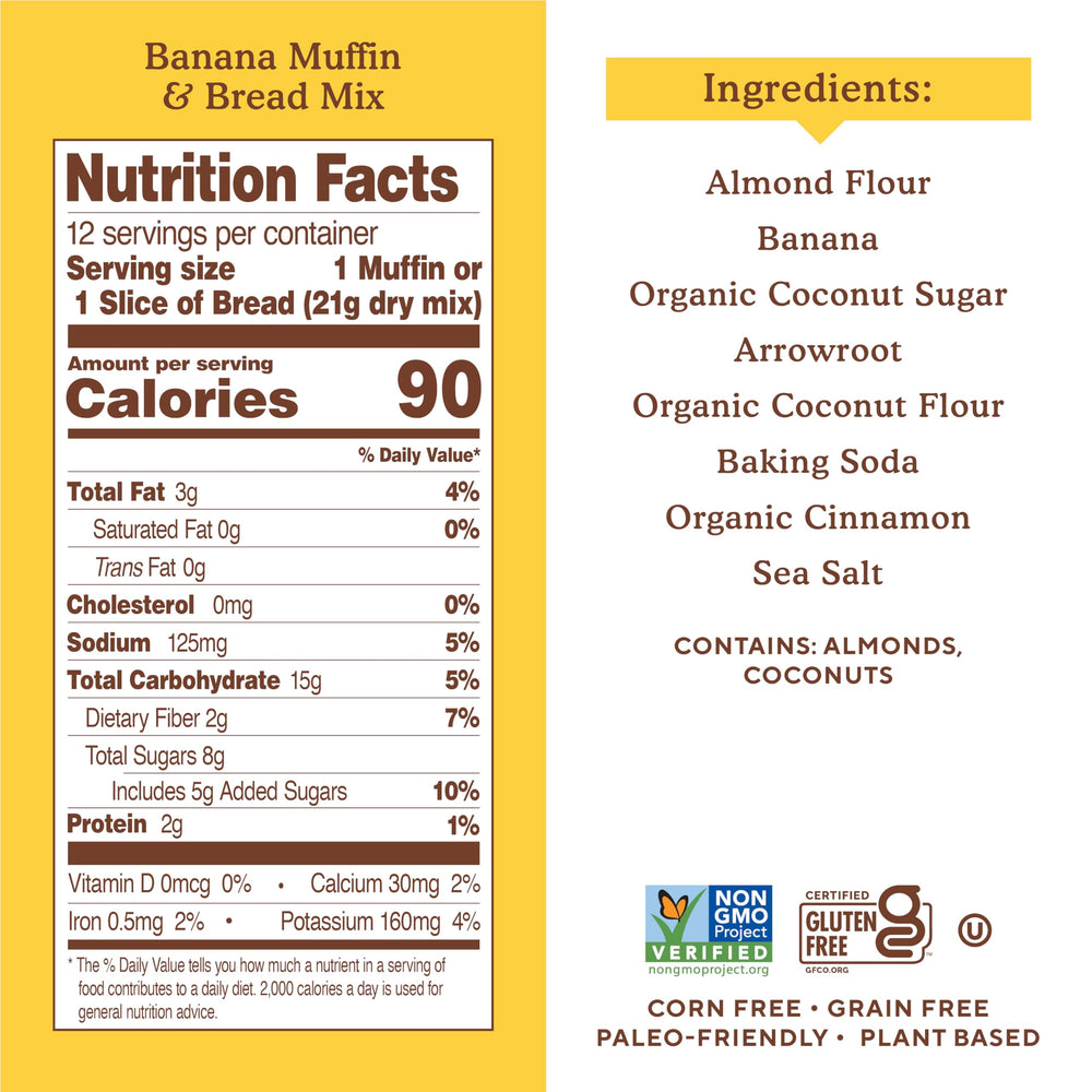 Simple Mills banana bread mix ingredients highlight gluten-free, non-GMO, grain-free promises for healthy baking.