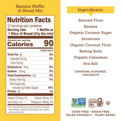Simple Mills banana bread mix ingredients highlight gluten-free, non-GMO, grain-free promises for healthy baking.