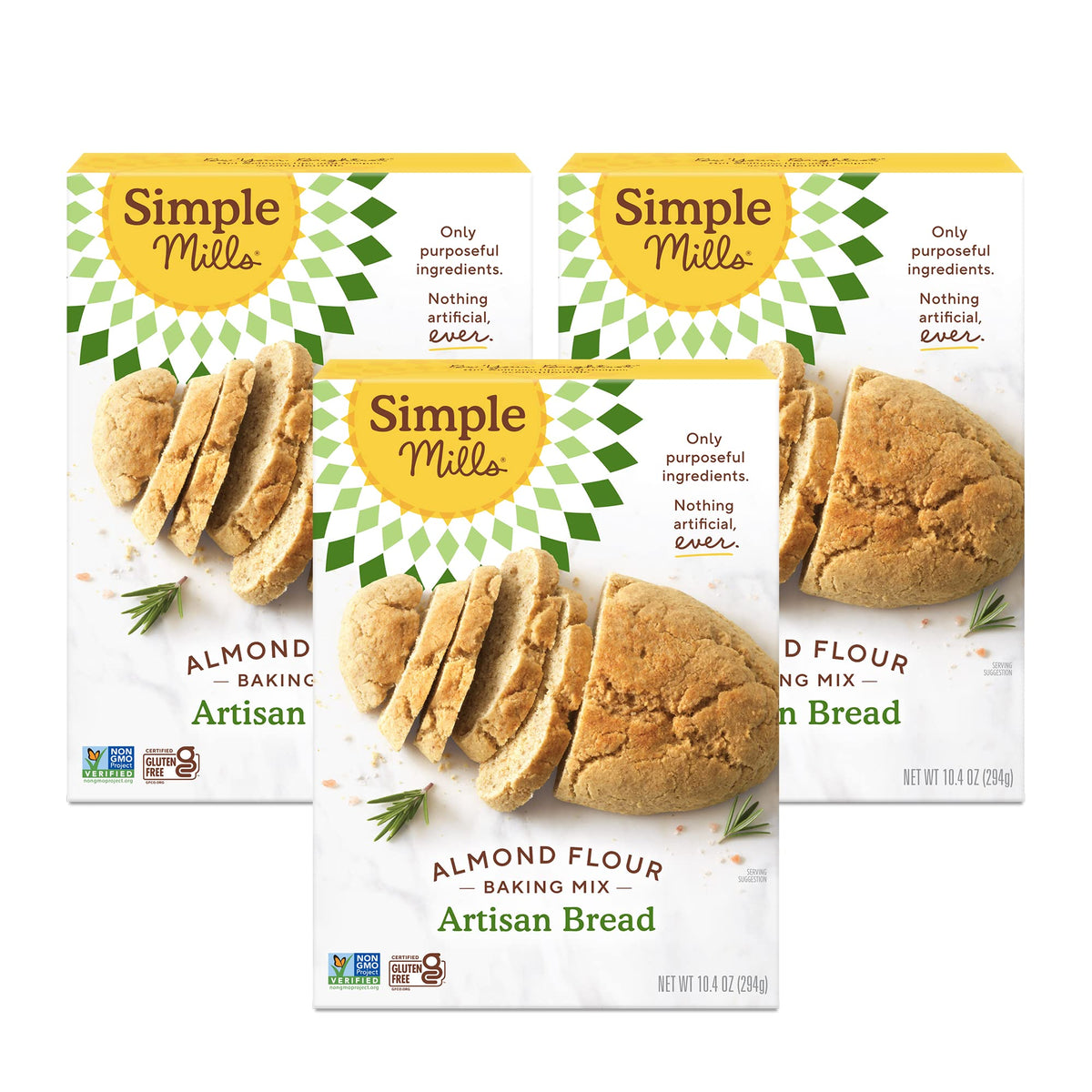 Packaging for Simple Mills Almond Flour Bread Mix shows gluten-free baking inspiration.