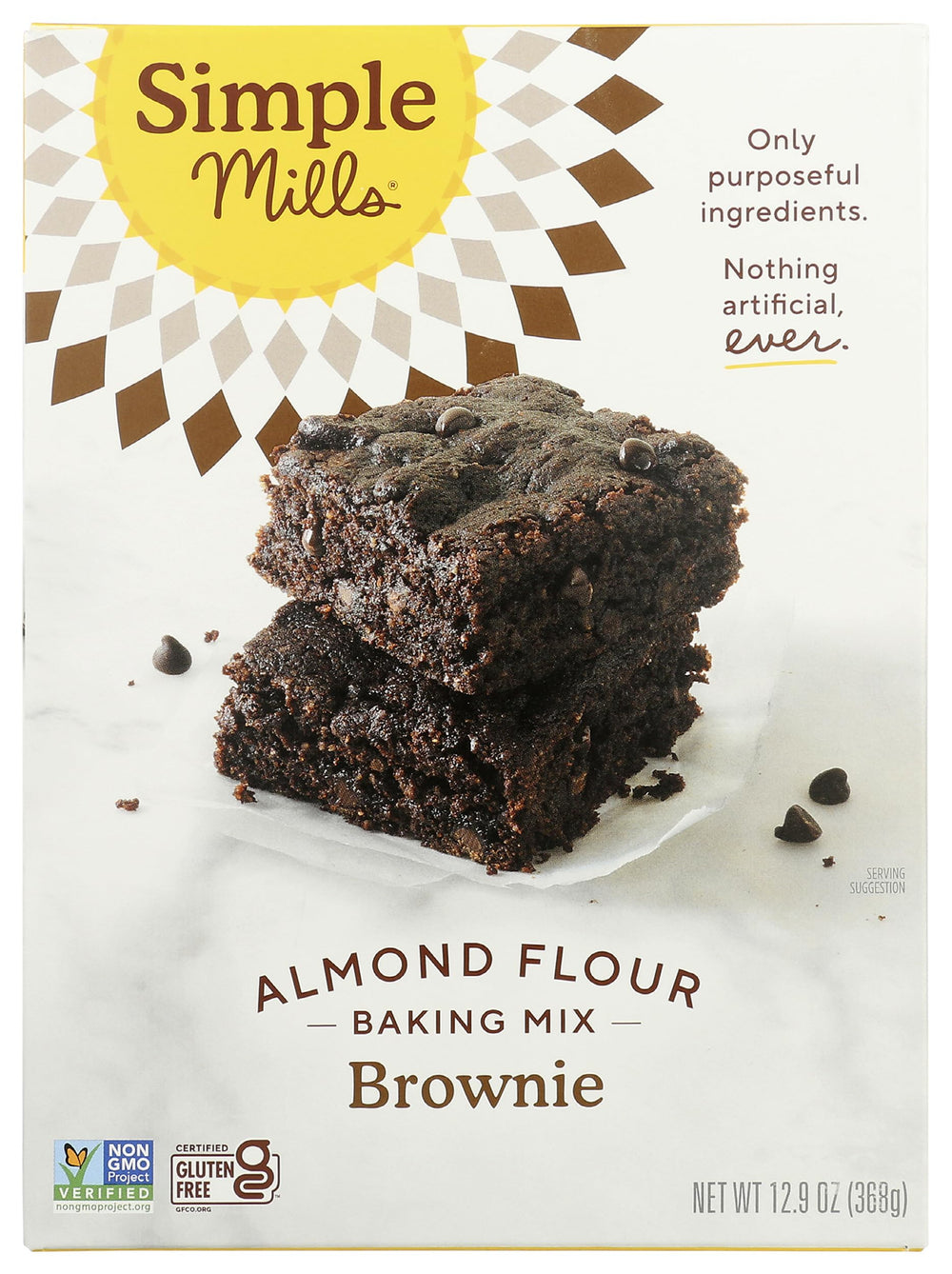 Simple Mills Almond Flour Brownie Mix box front shows gluten-free indulgence for snack time